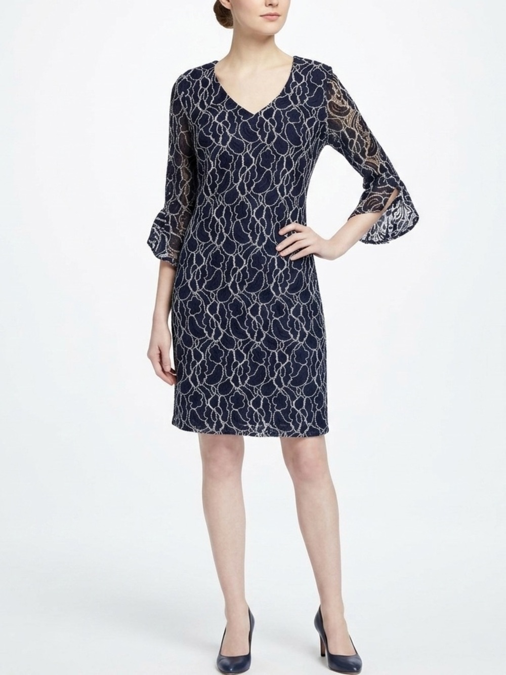 Karl Lagerfeld Women Navy Blue Lace Sheath Dress Size 8 Party Cocktail Bell Slev